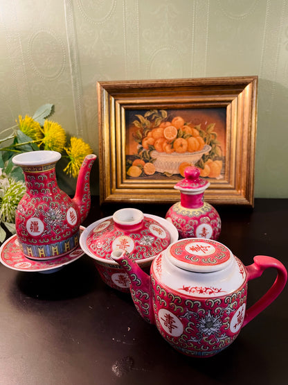 Vintage Chinese Pink Longevity Porcelain Tea Set – 5 Pieces