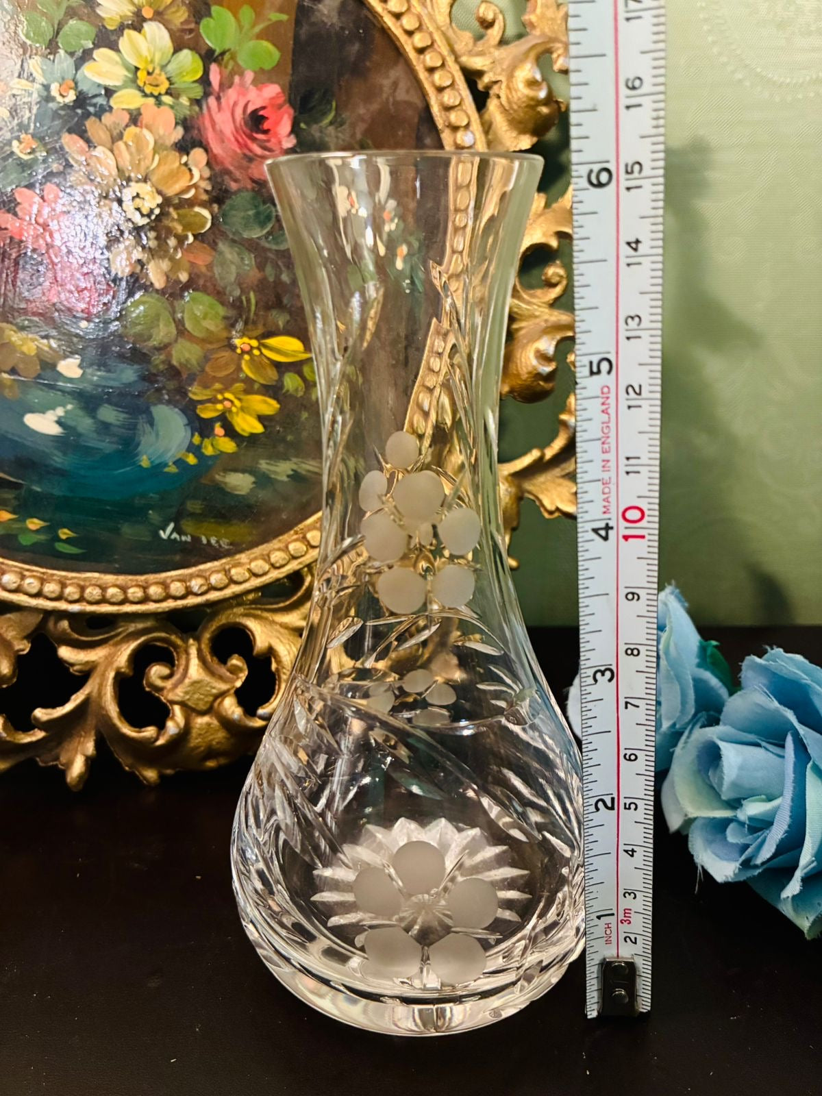 Vintage Etched Crystal Floral Bulb Vase