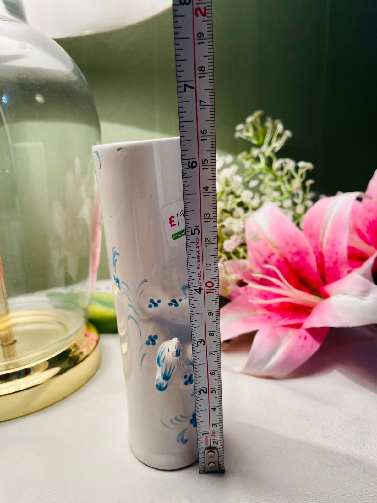Vintage White Ceramic Vase Blue Floral Detail 15 cm