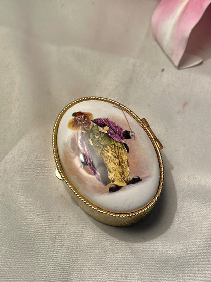 Vintage Clown Oval Trinket Box with Gold-Tone Frame Approx. 7 cm