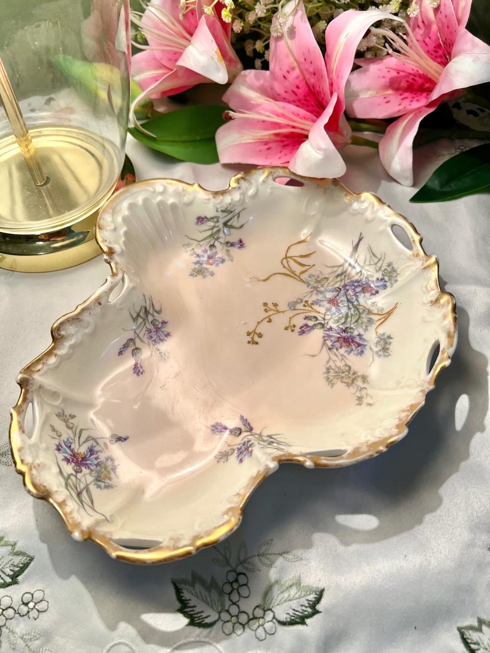 Floral Ornate large Serving Dish 10 in Gold Trim Made in England ( Rare Find)