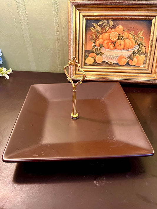 Square Brown Serving Platter with Gold-Tone Handle – Decorative Appetizer Tray