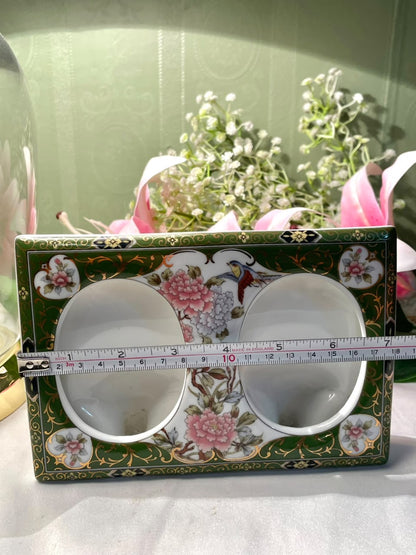 Vintage Japanese Double Frame Floral Wall Decor | Green & Gold Approx. 18 cm