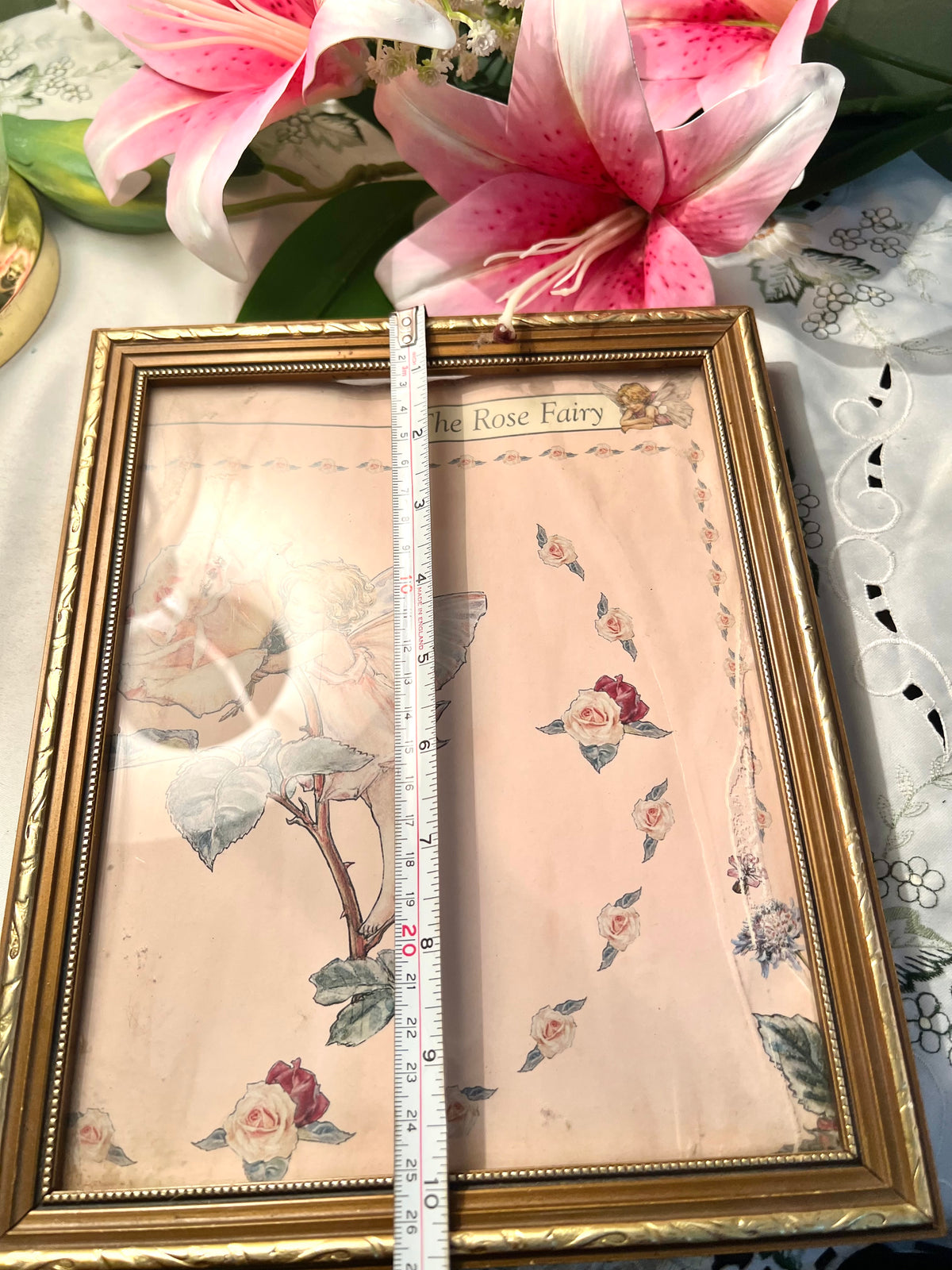 Vintage Rose Fairy Framed Print Gold-Tone Frame 26cm