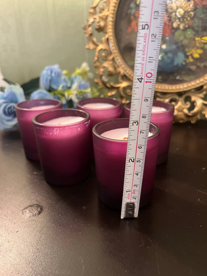 Set of 5 Purple Glass Votive Candles / Mini Scented Candle Holders