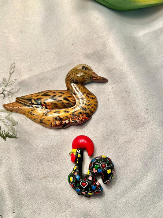 Brown Duck & Colourful Rooster Miniature Figurine Set – 2 Pcs