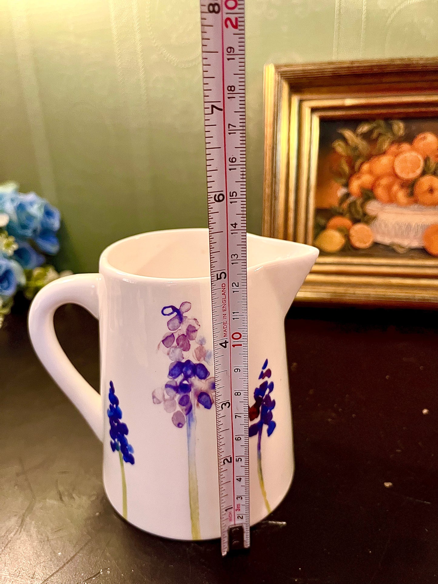 White Ceramic Floral Jug – Purple Delphinium Flower Pitcher