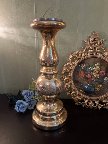 Large Gold Mercury Glass Candle Holder / Tall Pillar Candle Stand