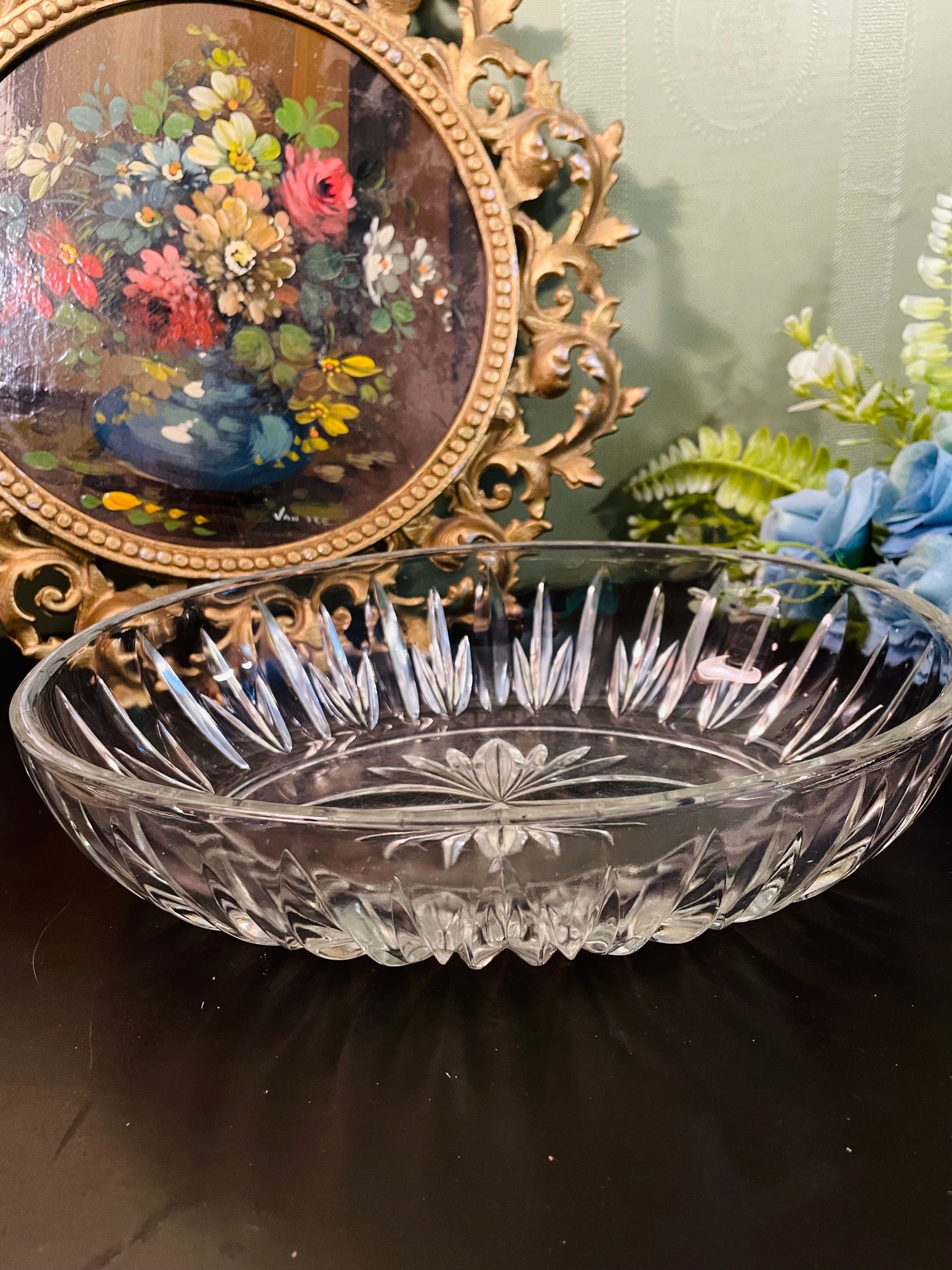 Vintage Crystal Glass Oval Serving Dish 9 Inch
