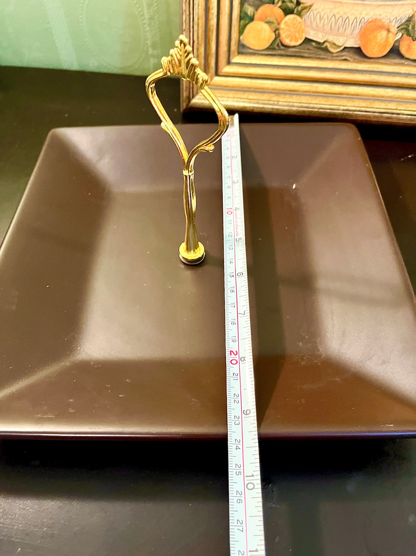 Square Brown Serving Platter with Gold-Tone Handle – Decorative Appetizer Tray