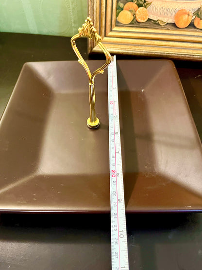Square Brown Serving Platter with Gold-Tone Handle – Decorative Appetizer Tray