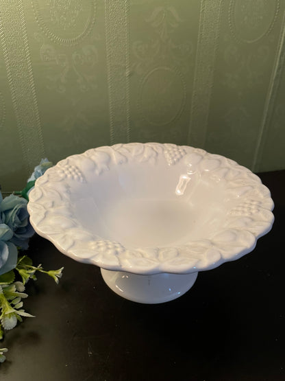 White Ceramic Footed Fruit Bowl Embossed Serving Dish