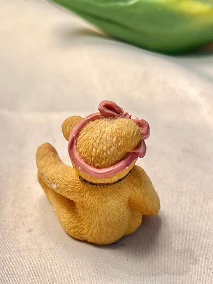 Vintage Miniature Teddy Bear Figurine Pink Bow 5 cm