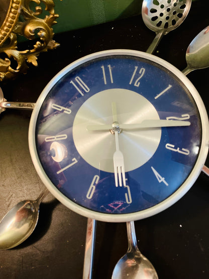 Vintage Cutlery Kitchen Wall Clock Blue Dial