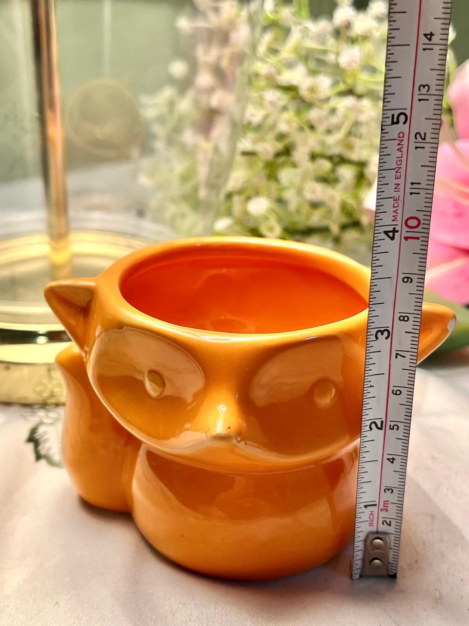 Vintage Orange Ceramic Owl Planter 9 cm