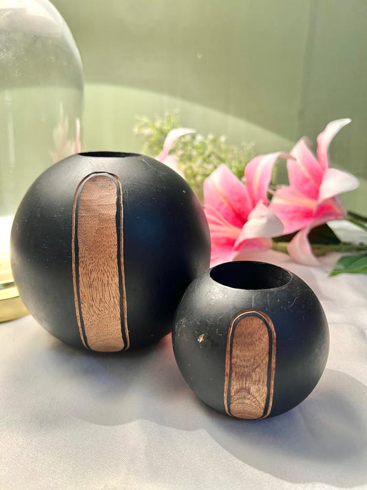Black & Natural Wood Round Candle Holder Set of 2