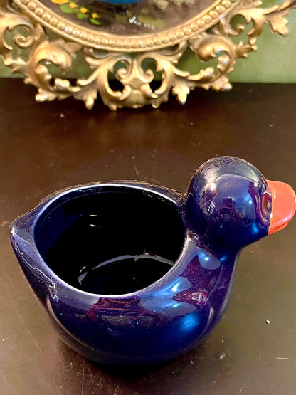 Vintage Navy Blue Duck Shaped Ceramic Planter | Bird Flower Pot