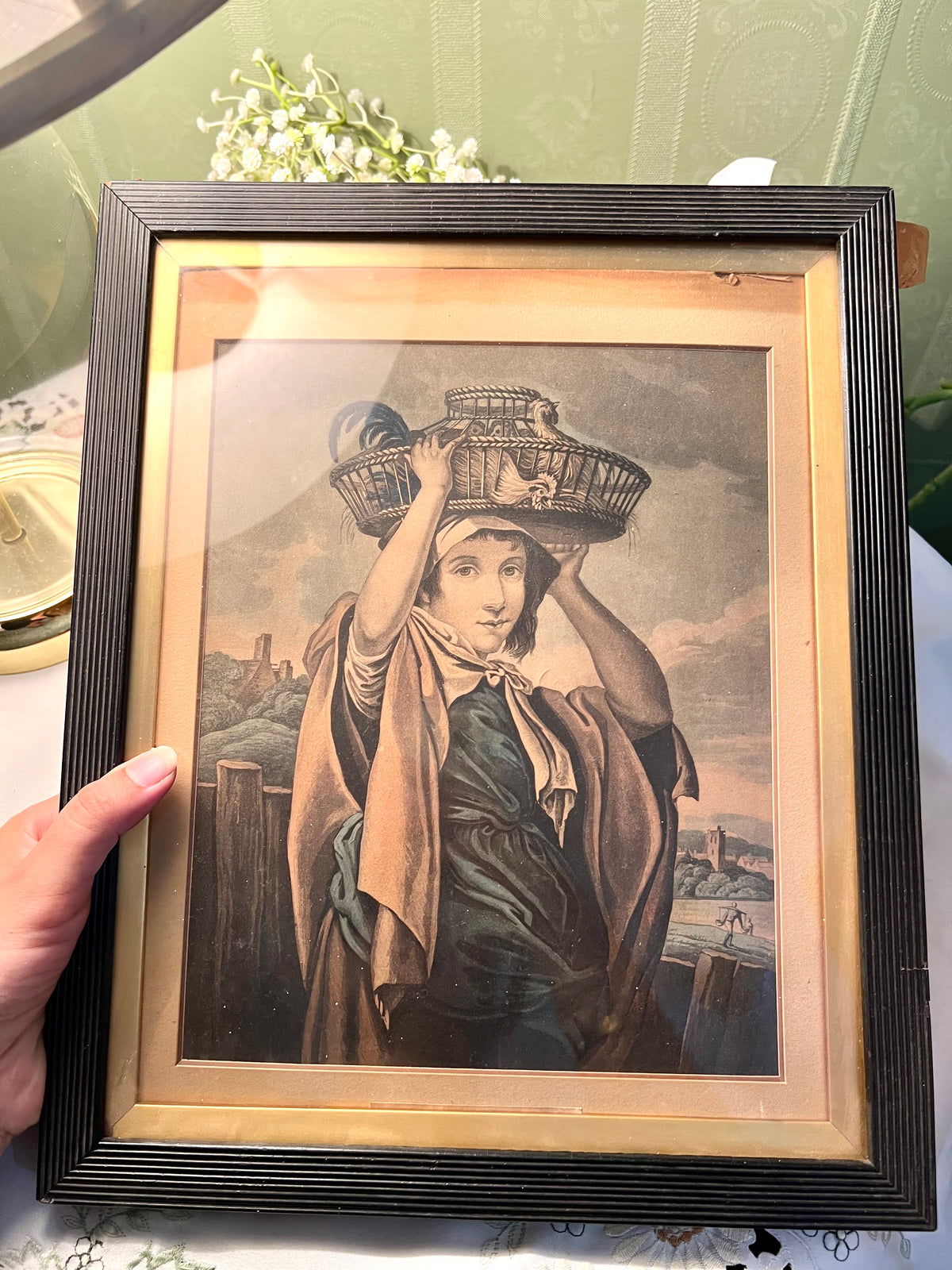 Vintage Thomas Barker of Bath Framed Woman with Bird Cage Painting Black Gold Frame 35cm