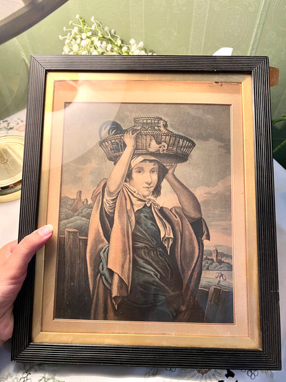 Vintage Thomas Barker of Bath Framed Woman with Bird Cage Painting Black Gold Frame 35cm