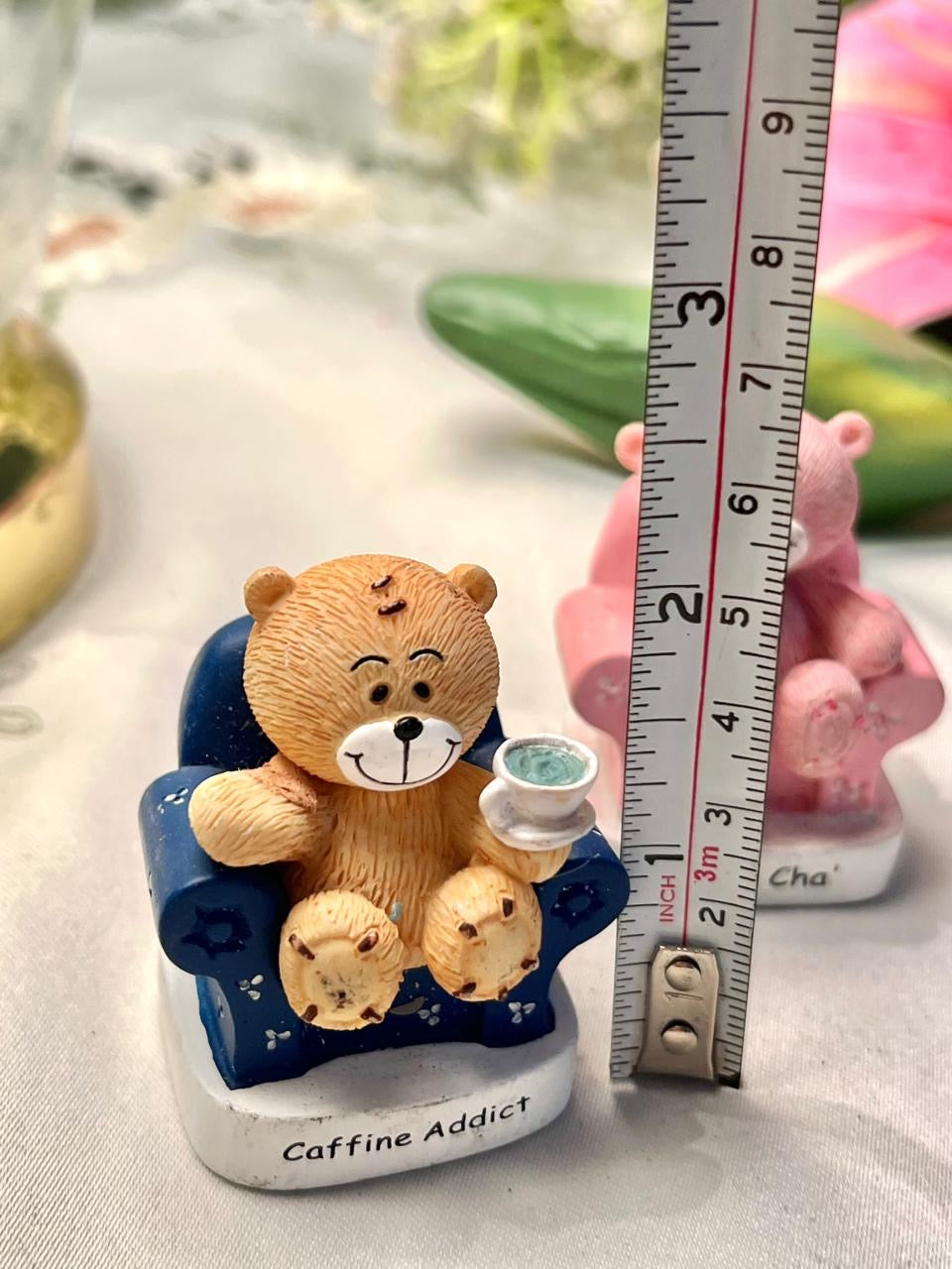 Vintage Caffeine Addict Teddy Bear Figurine with Cup 6 cm