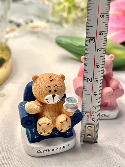 Vintage Caffeine Addict Teddy Bear Figurine with Cup 6 cm