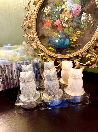 Set of 6 Owl Shaped Decorative Candles – Marble Effect Wax Tealight Candles