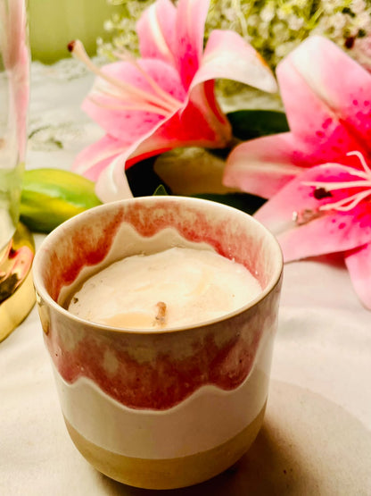 Scented Candle in Red & Cream Glazed Ceramic Pot 4 Inch