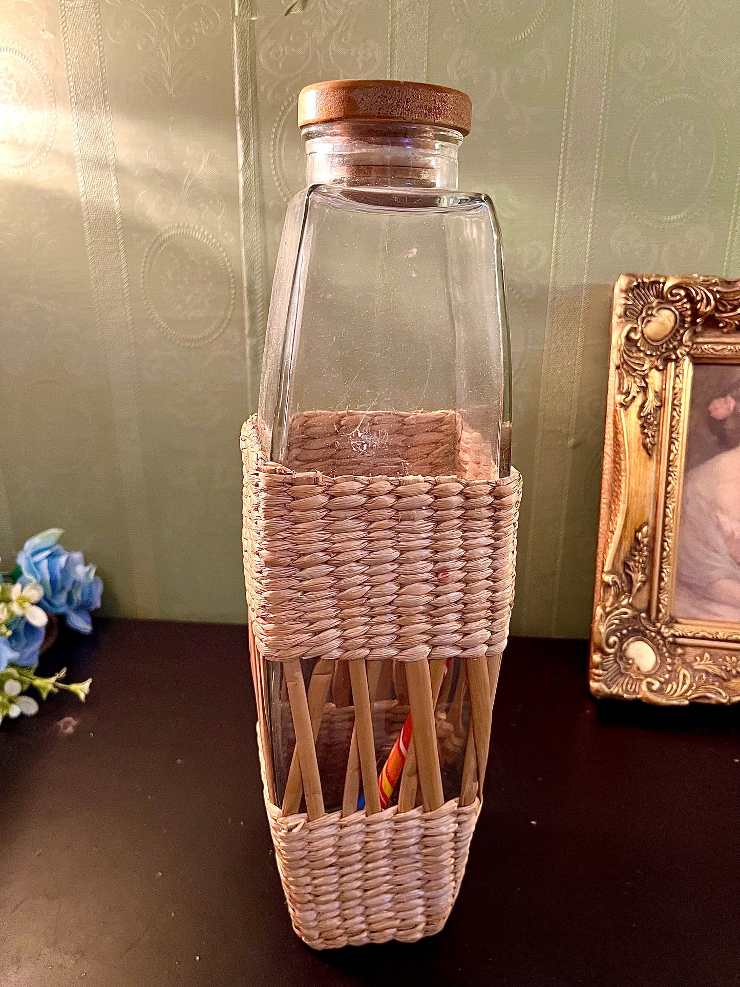 Tall Glass Bottle with Wicker Wrap 13 Inch