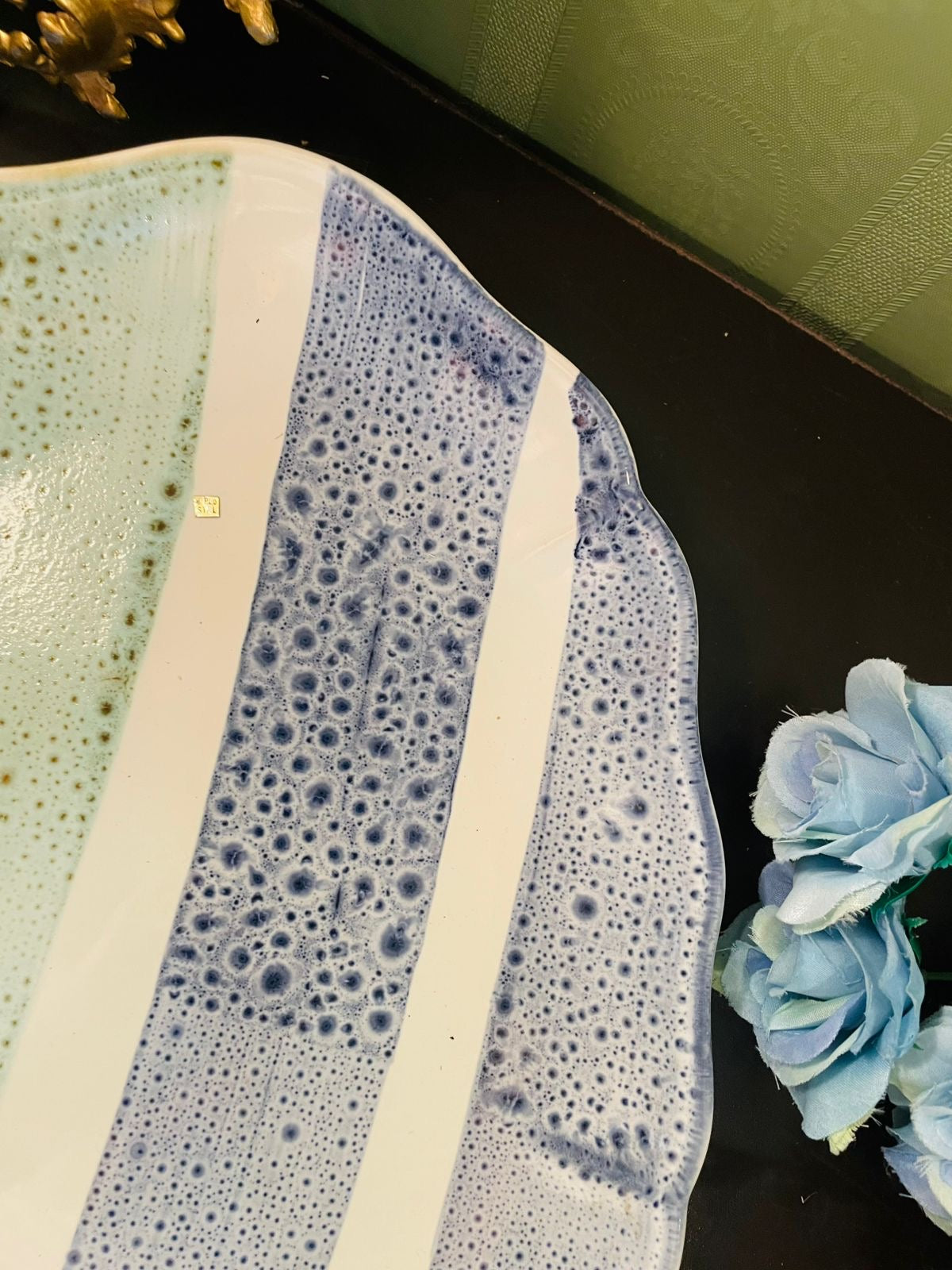 Vintage Portuguese Ceramic Serving Platter | Blue Speckled Oval Tray