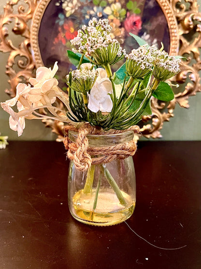 Glass Jar Vase with Faux Flowers Rustic Twine Decor 6 Inch