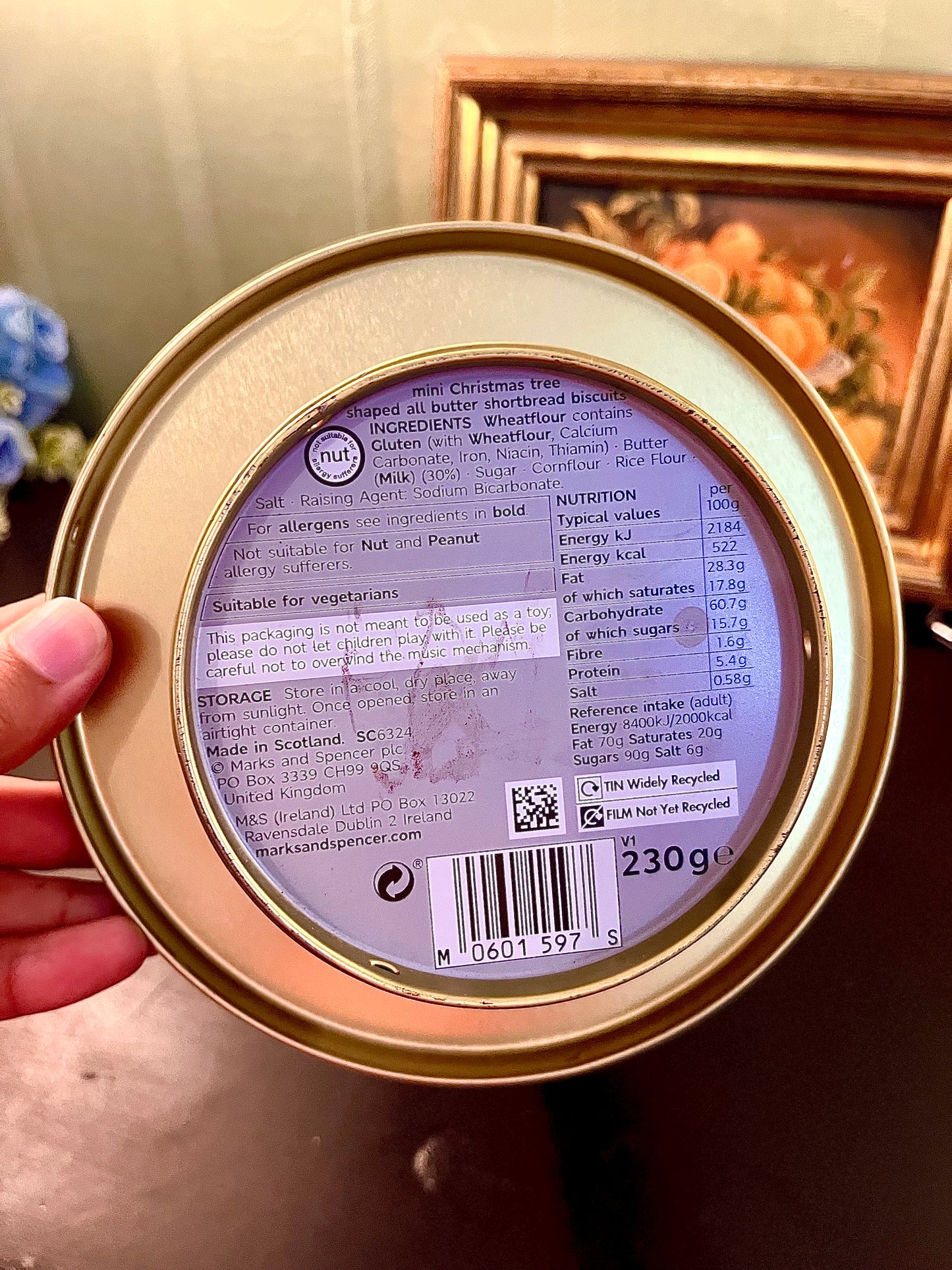Marks & Spencer Green Christmas Tree Musical Biscuit Tin – Gold Star Design