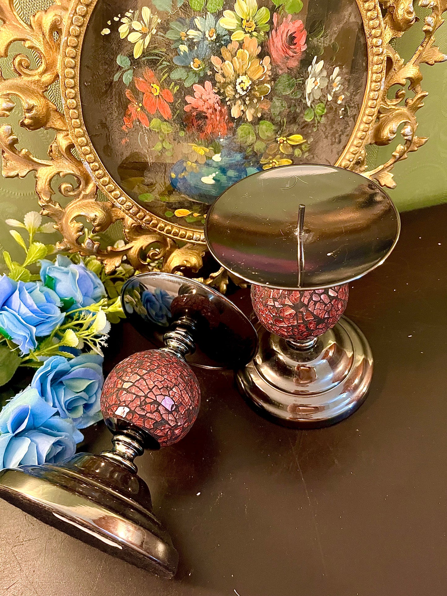 Pair of Red Mosaic Glass & Silver Pillar Candle Holders