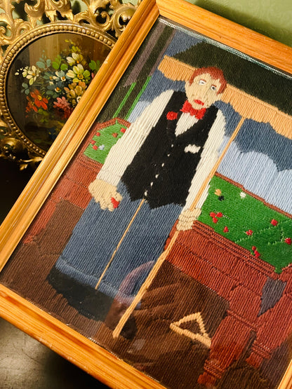 Vintage Needlepoint Billiards Wall Art Made in England