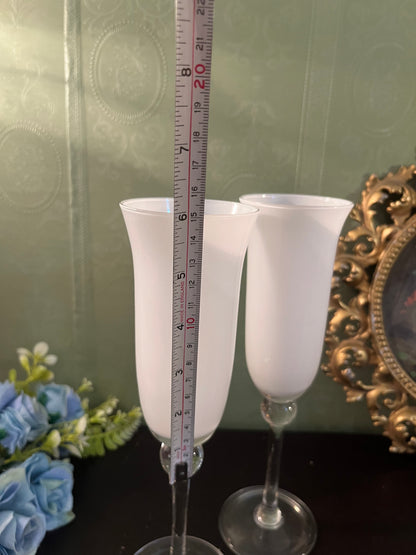 Set of 2 Frosted Glass Candle Holders / Tall White Stemmed Candle Stands