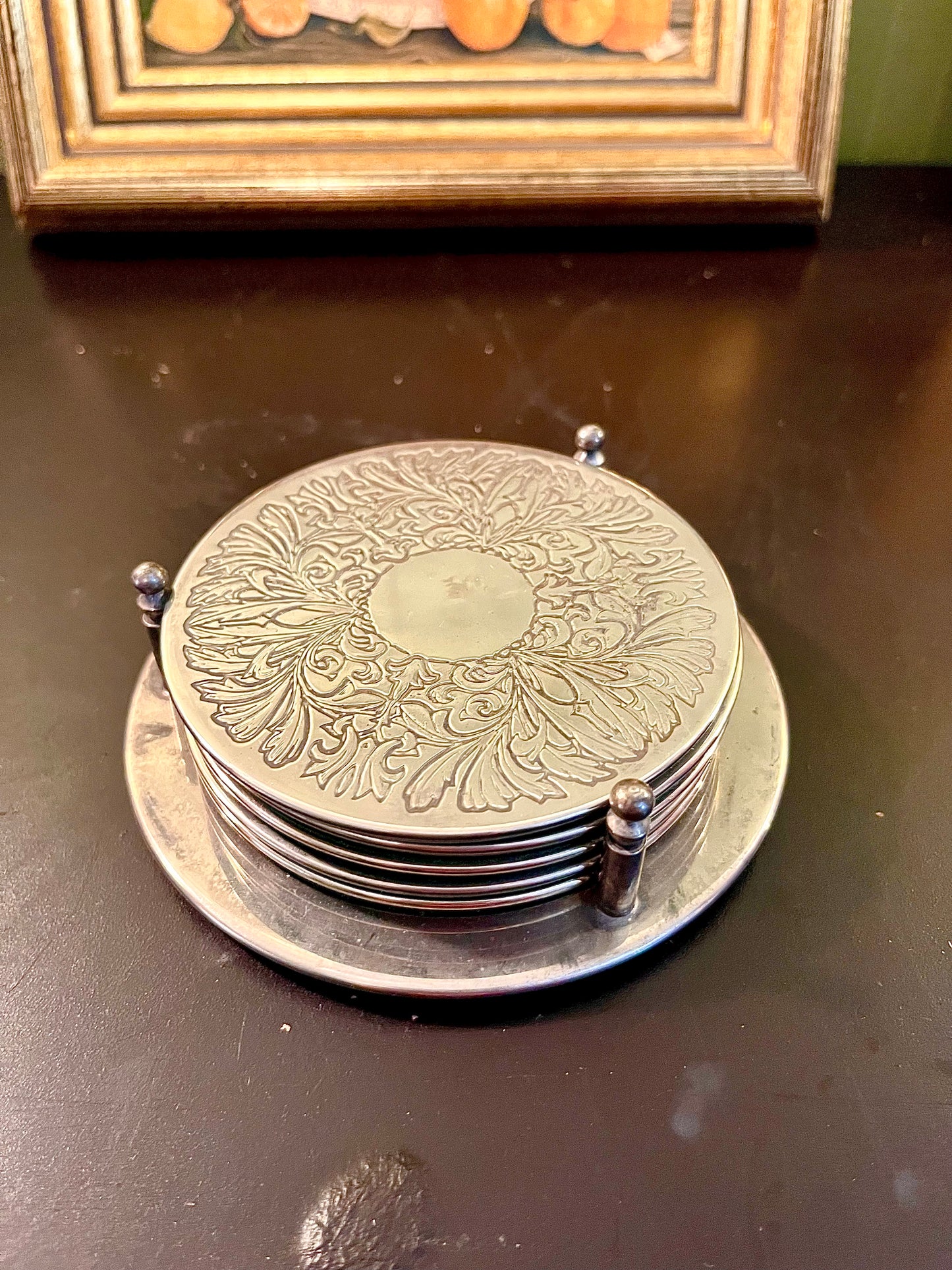 Set of 5 Silver Embossed Metal Coasters – Decorative Holder