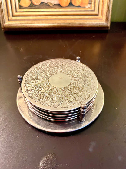 Set of 5 Silver Embossed Metal Coasters – Decorative Holder