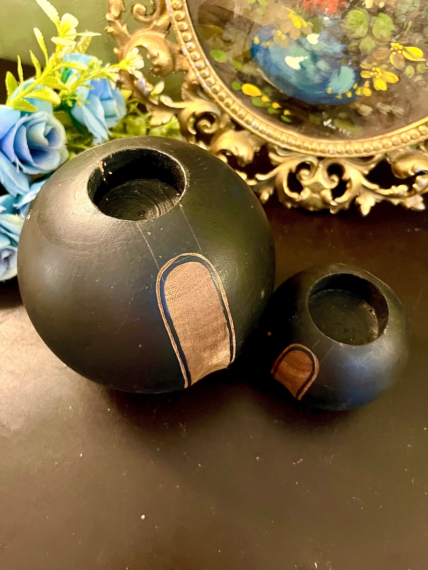 Set of 2 Black Round Decorative Vases with Wood Accent