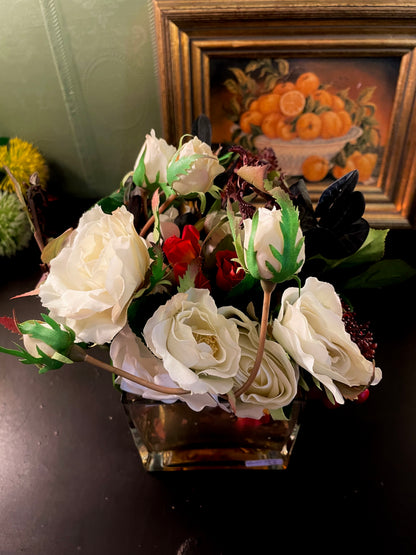 Artificial White Rose Arrangement in Square Glass Vase 9 Inch