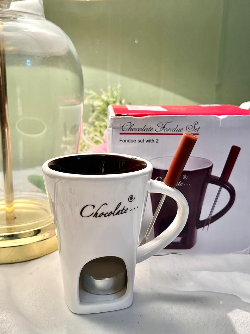 Chocolate Fondue Mug Set White Ceramic with Tea Light 12cm