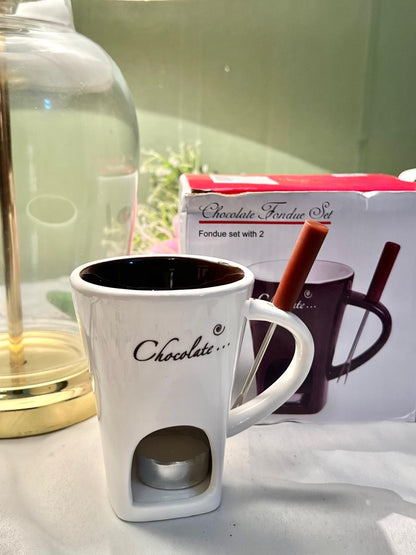 Chocolate Fondue Mug Set White Ceramic with Tea Light 12cm