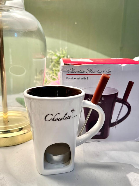 Chocolate Fondue Mug Set White Ceramic with Tea Light 12cm