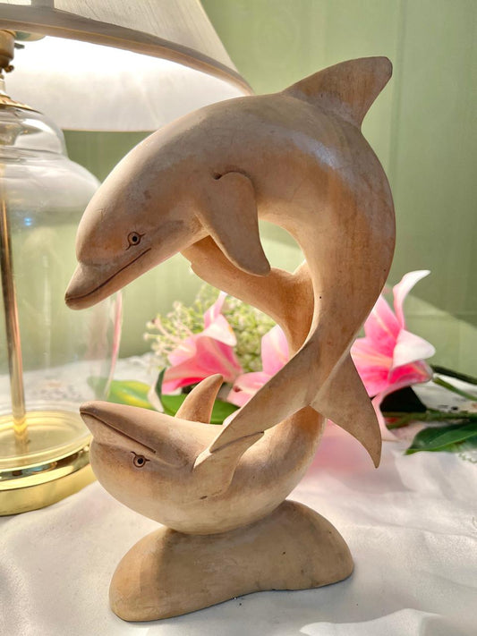 Carved Wooden Double Dolphin Sculpture 10 Inch Home Decor