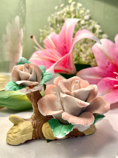 Vintage Ceramic Rose Flower Ornament Pink & Green 4 Inch
