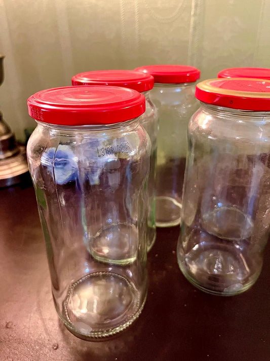 Set of 5 Glass Storage Jars with Red Lids