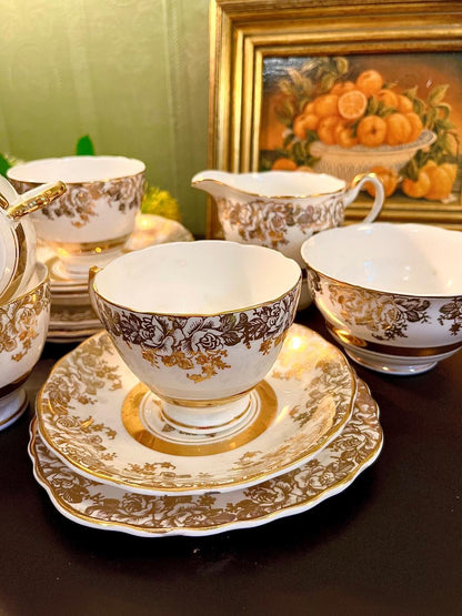 (Rare Find) 22kt Gold Fine Bone China Tea Set 14 Pieces Made in England