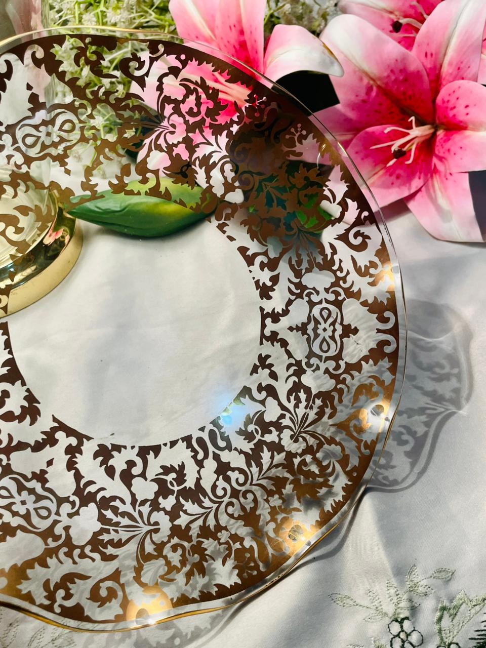 Vintage Gold Scroll Crystal Serving Plate 10 in