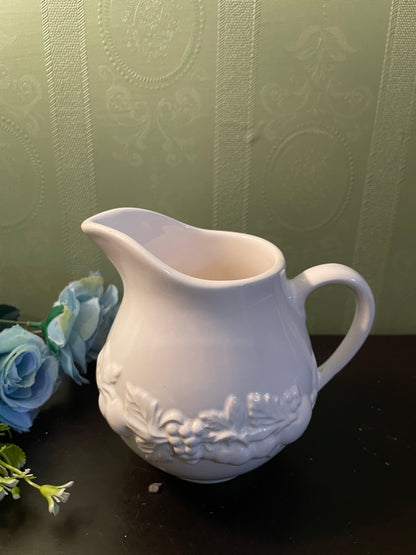 White Ceramic Floral Embossed Milk Jug Creamer Pitcher