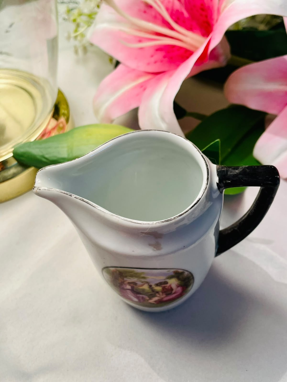 Vintage Limoges White Ceramic Milk Jug with Figural Scene, Approx. 10 cm