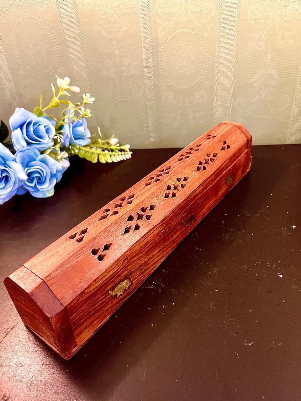 Carved Wooden Incense Burner Box with Storage Compartment
