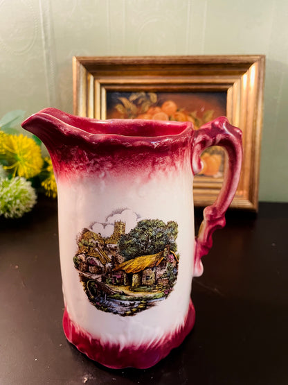 Vintage English Cottage Scene Ceramic Pitcher – 16 cm